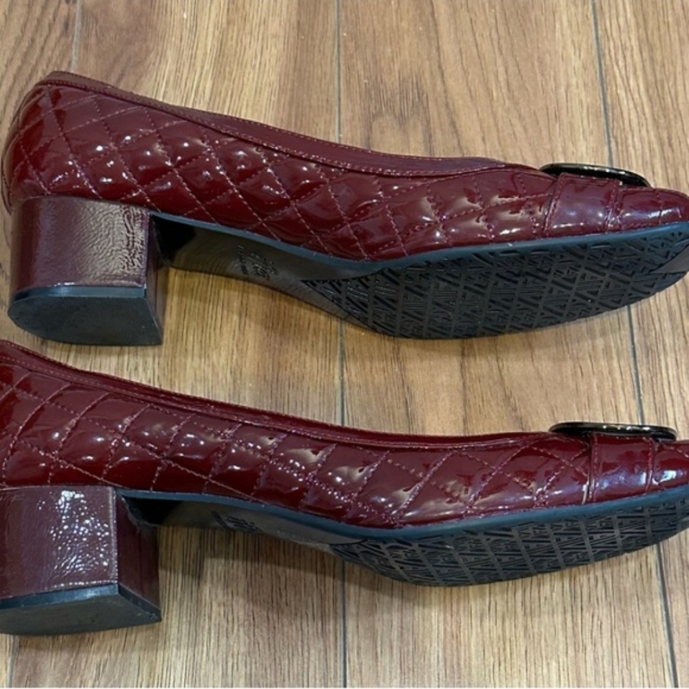 Anne Klein Burgundy Patent Quilted Low Block Heel Pumps with Buckle - Picture 3 of 11